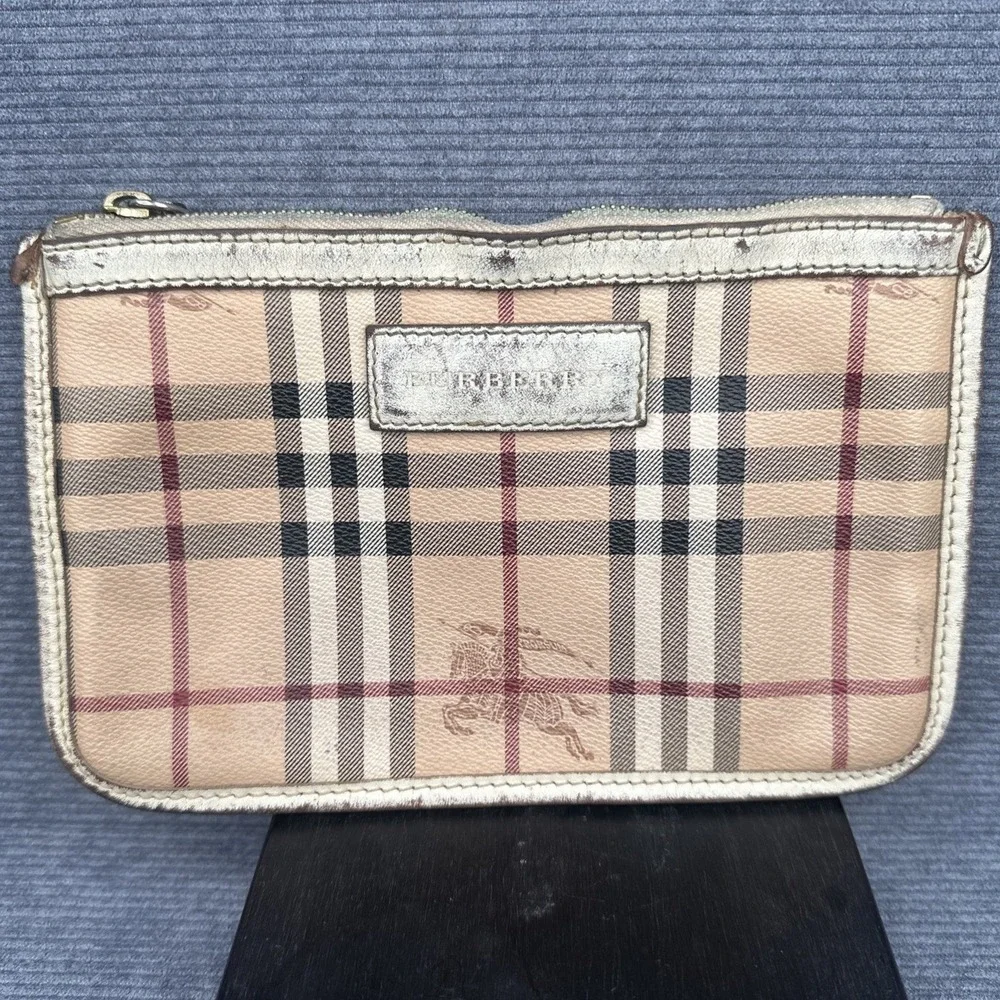 Burberry Nova Check Canvas Zip Coin‎ Purse Pouch Metallic Silver Trim